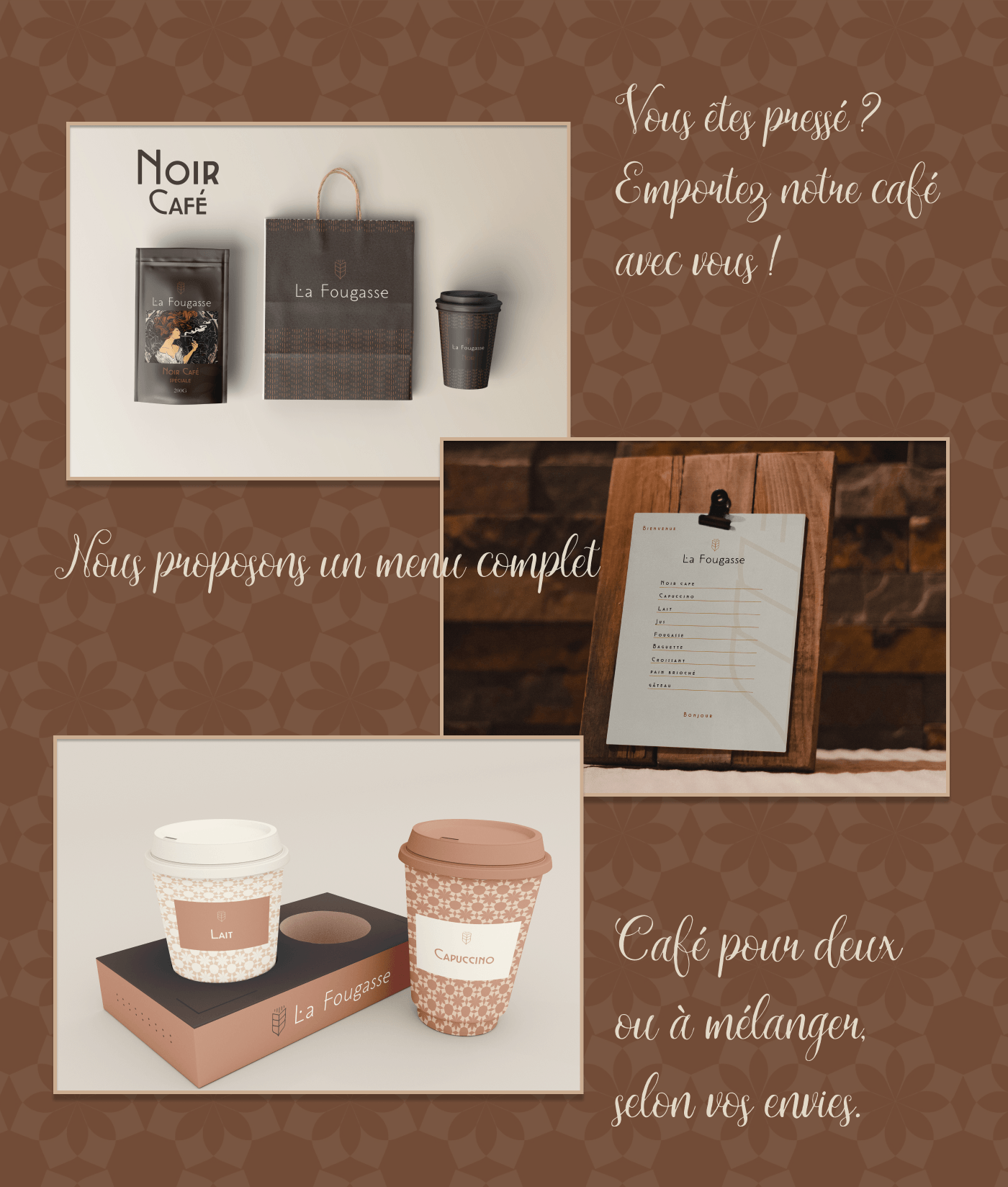coffee cups and bags, bakery menu