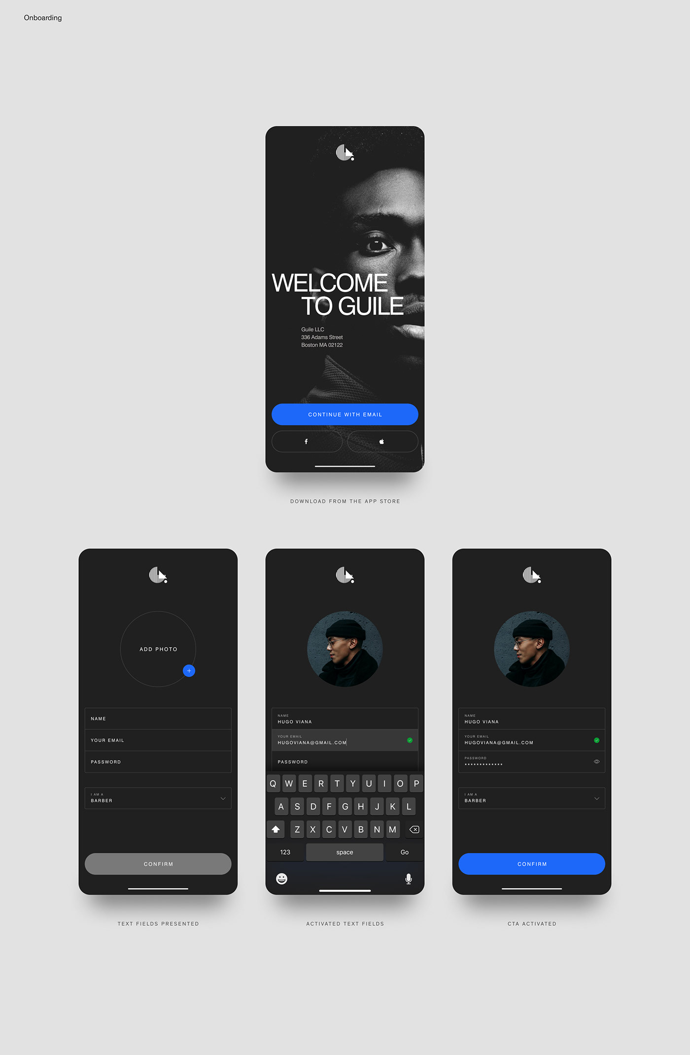 app barber branding  dark mode Fashion  logo minimal mobile UI user interface