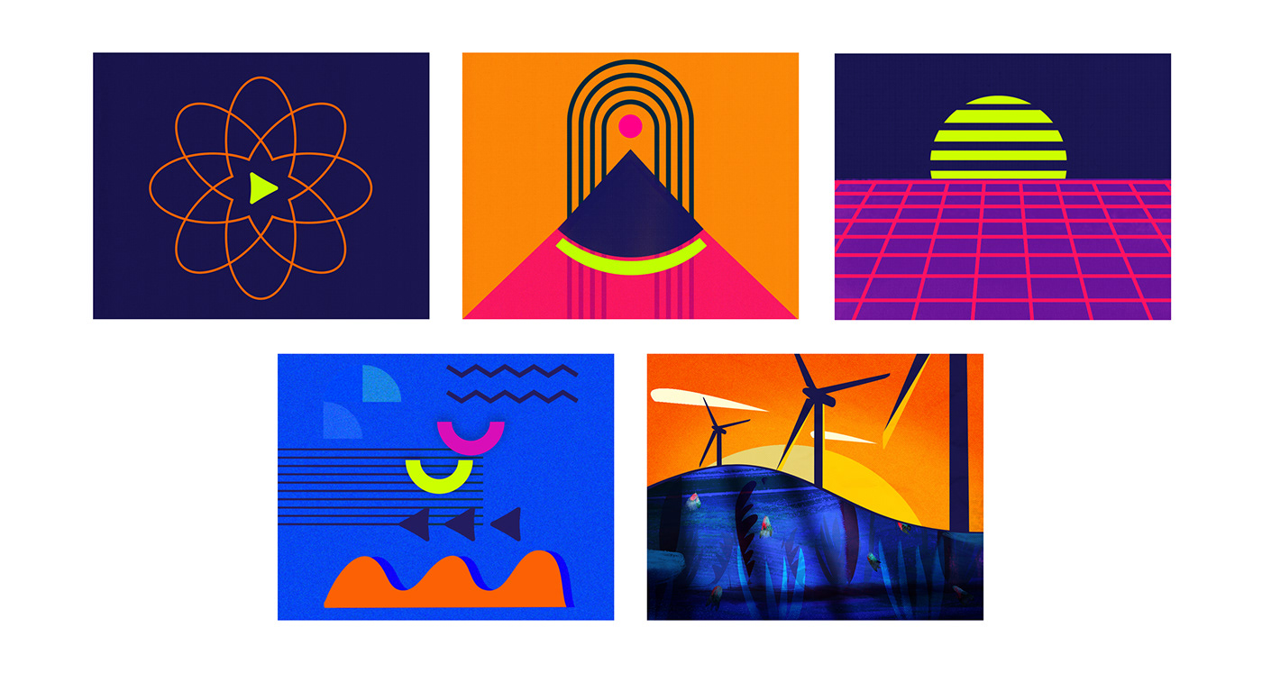 Graphic illustrations using shapes and bright colors.