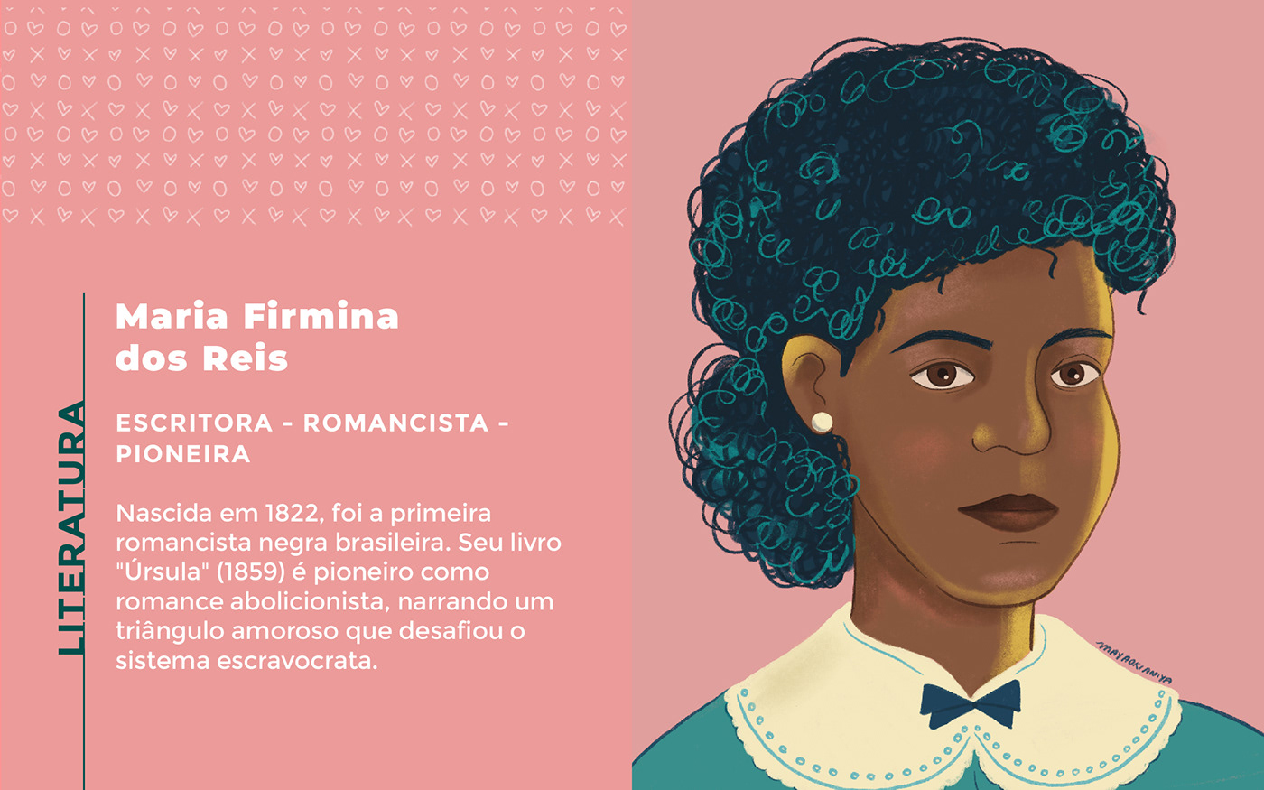 An illustrated portrait of Maria Firmina dos Reis one of the first women writers in Brazil.

