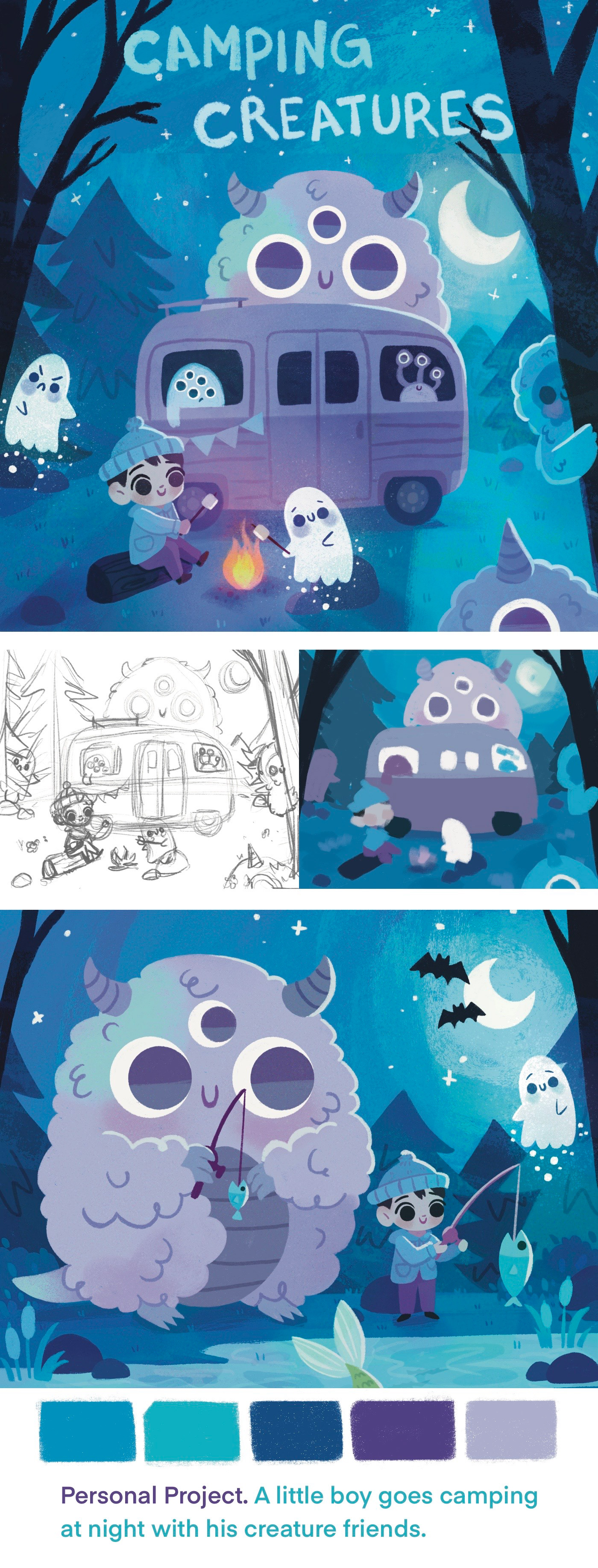 camping children illustration childrens book childrens illustration fantasy ghost kidlit kids illustration monster spooky