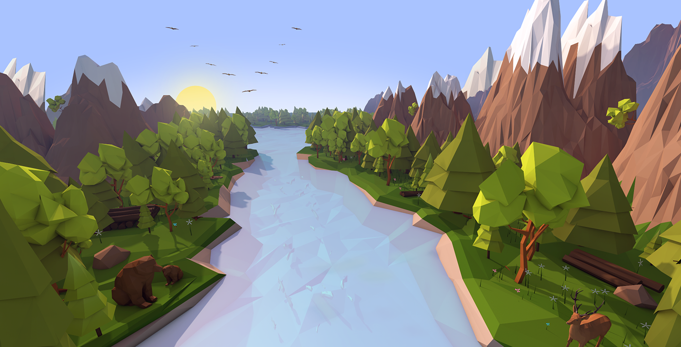 3D Low Poly Polygons cinema 4d postproduction Nature forest ice pinguins sea water lowpoly