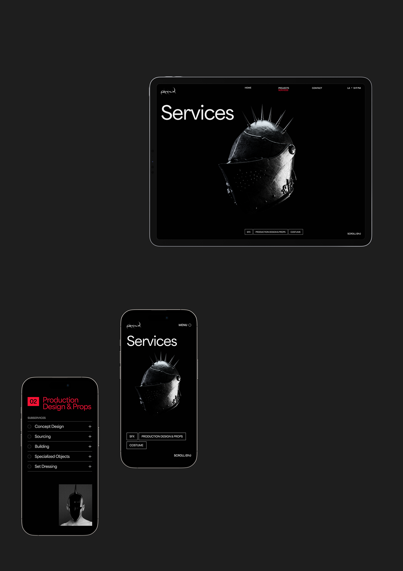 Armur.co. Website Design, Development & 3D motion. Service page. Desktop & Mobile.