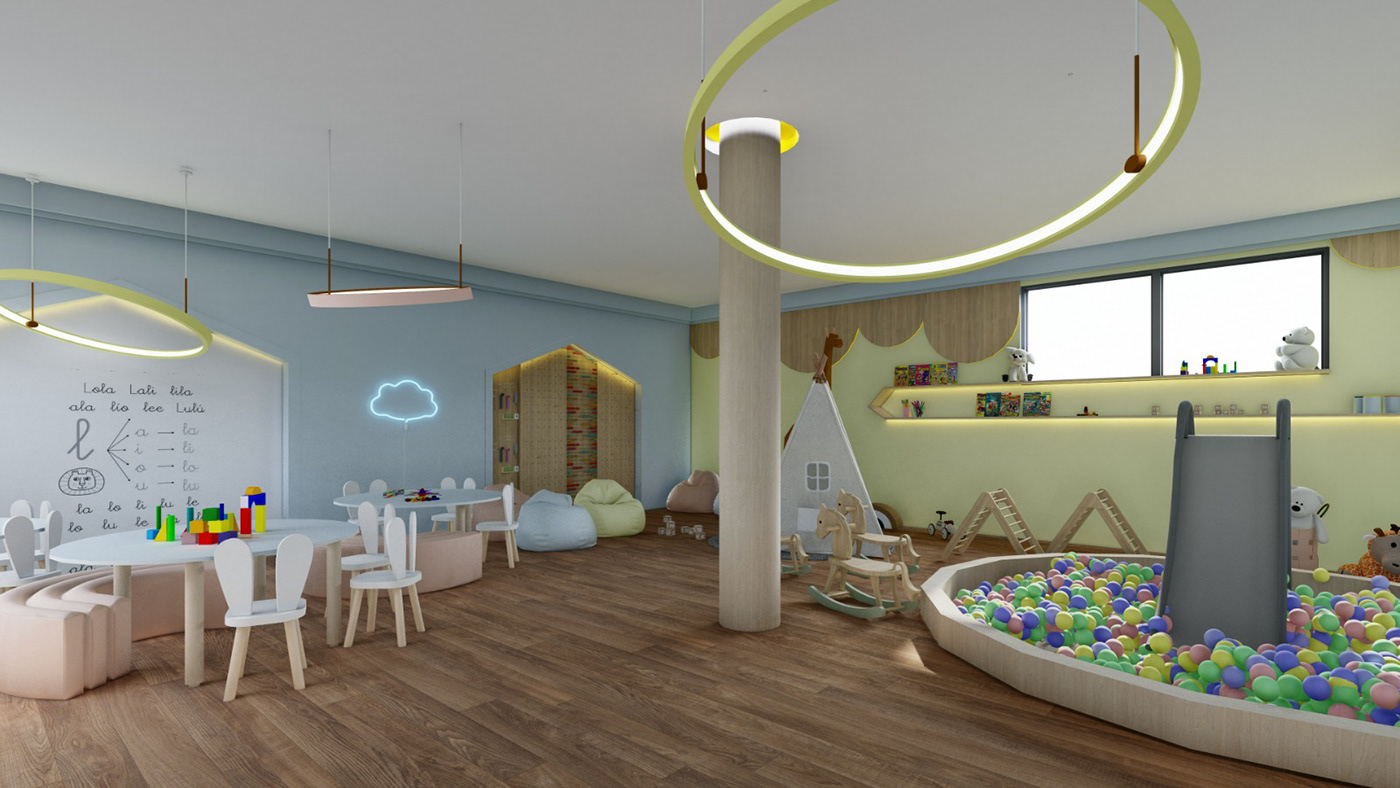 kids nursery kindergarten design interior design  pastel colors cute architecture Render 3D