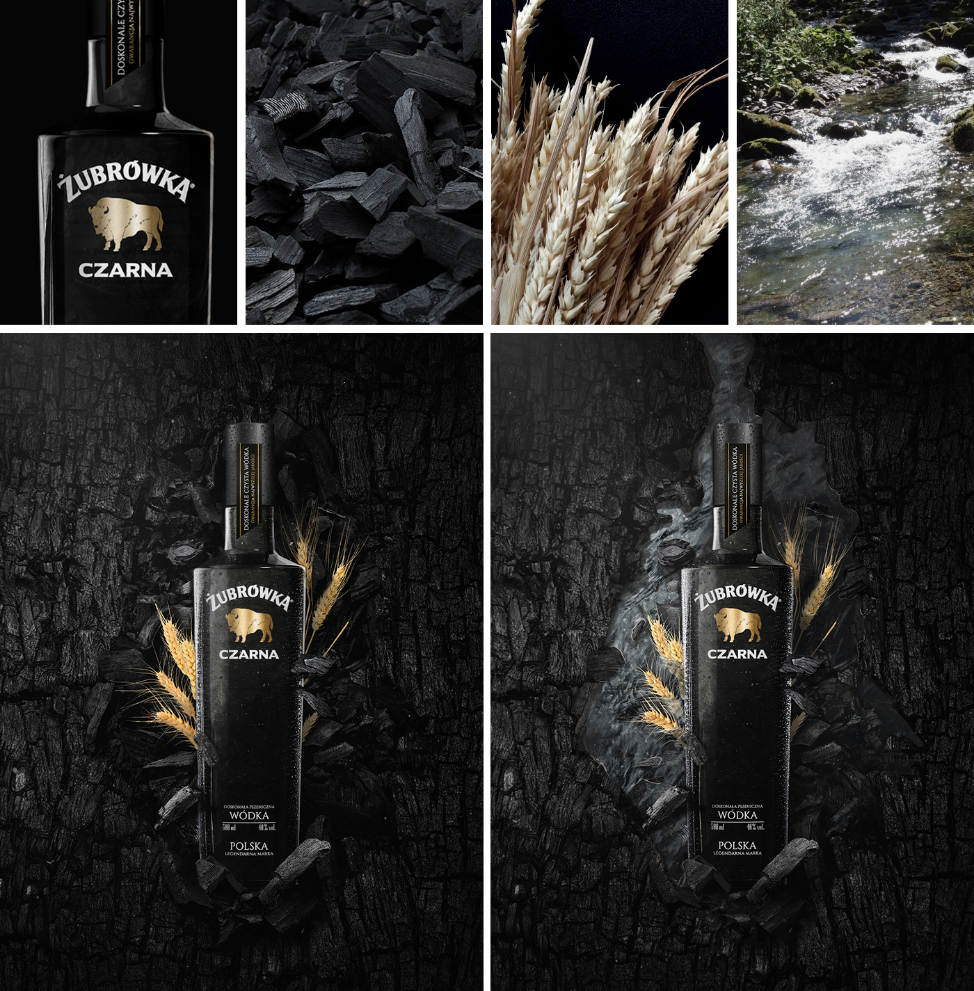 Vodka key visual postproduction premium charcoal water bottle oak alcohol campaign