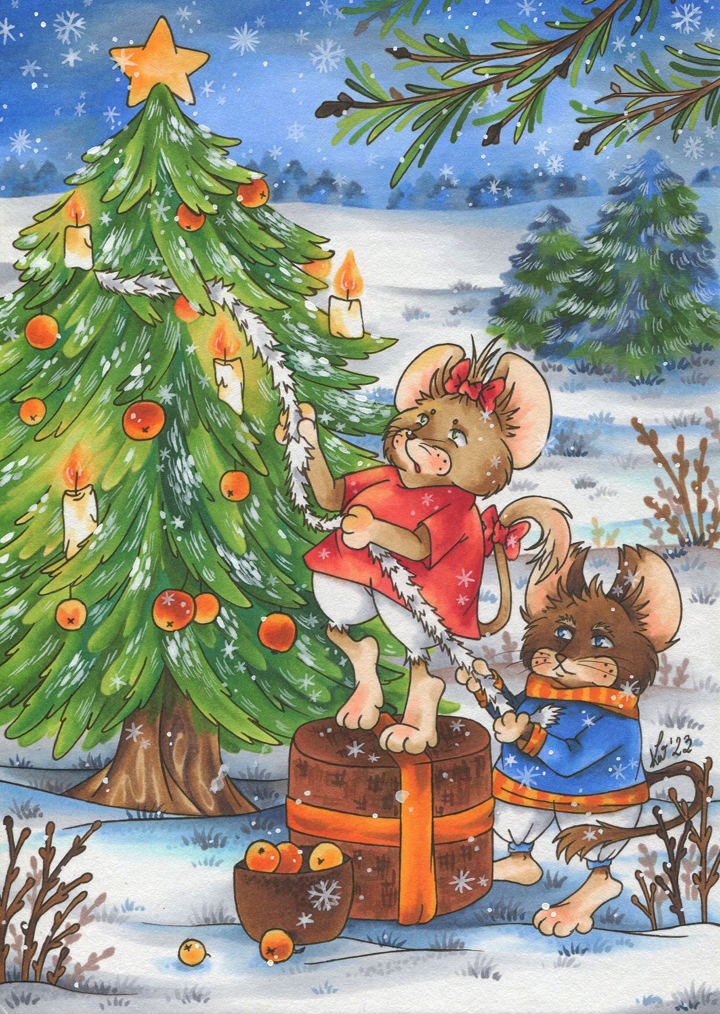 children illustration Christmas christmas Tree Copic copic markers Fineliners ILLUSTRATION  Illustrator mouse winterillustration
