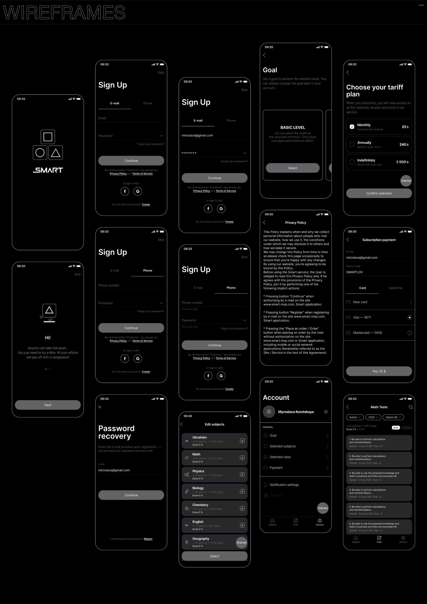 Wireframes to define the app's information architecture and user flow, identify usability issues