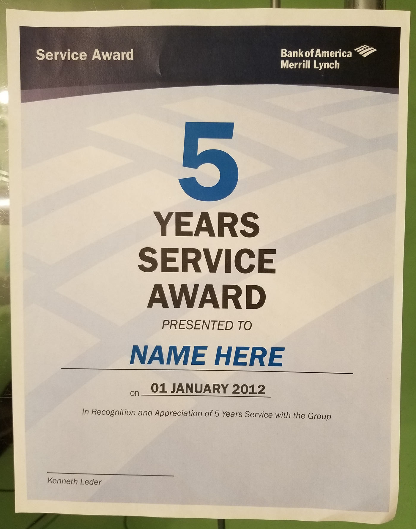 design award Service Award Bank of America Merrill Lynch