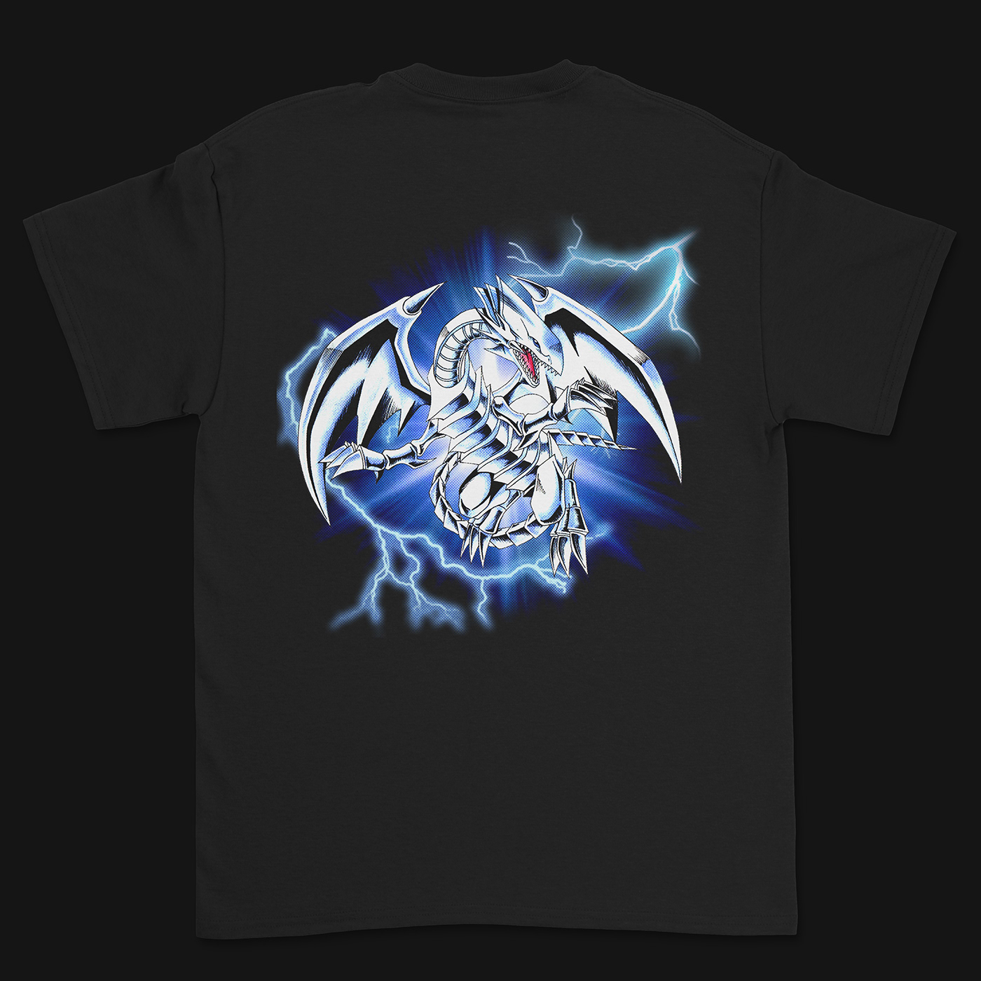 black t-shirt blue eyes white dragon dragon lightning merch design merchandise T Shirt T shirt designs yugioh