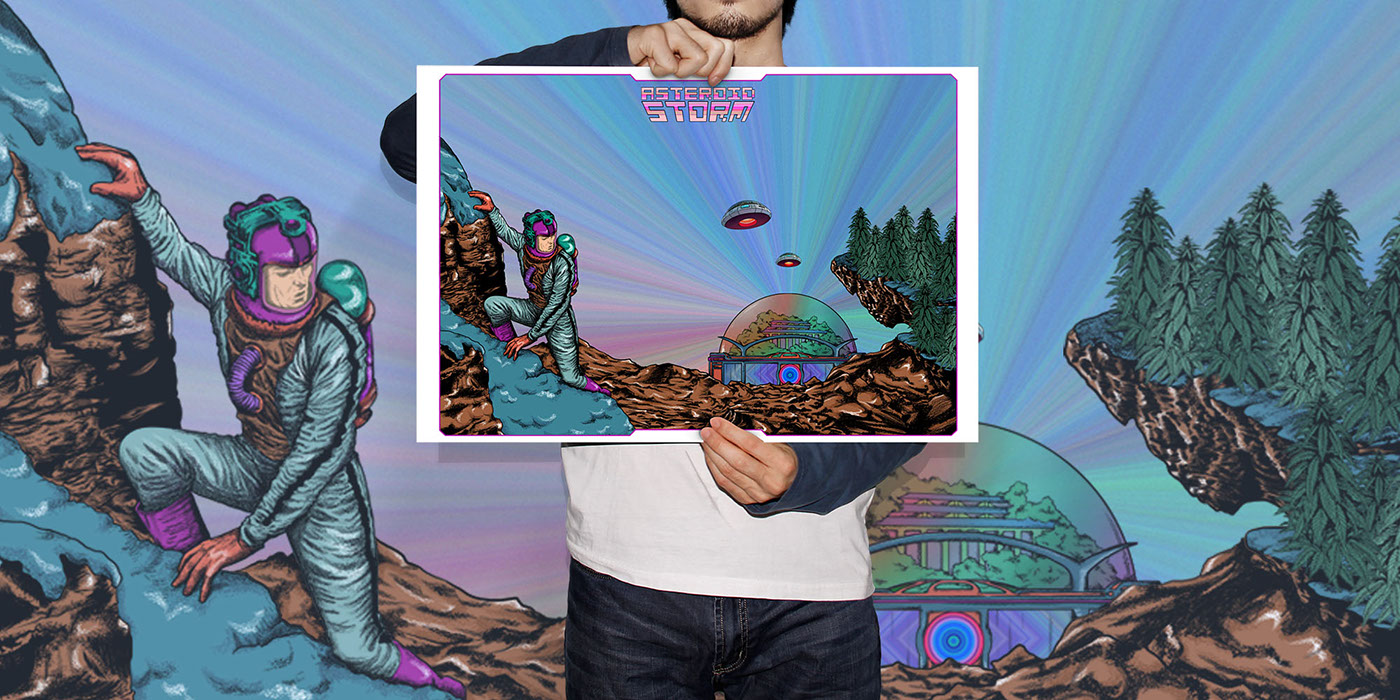 Drawing  psychedelic aurora astronaut weed UFO montain high