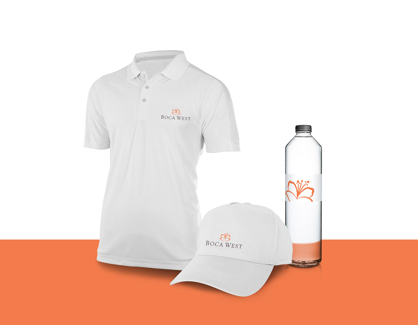 Various Boca West mockups of a t-shirt, hat, and water bottle labeling.