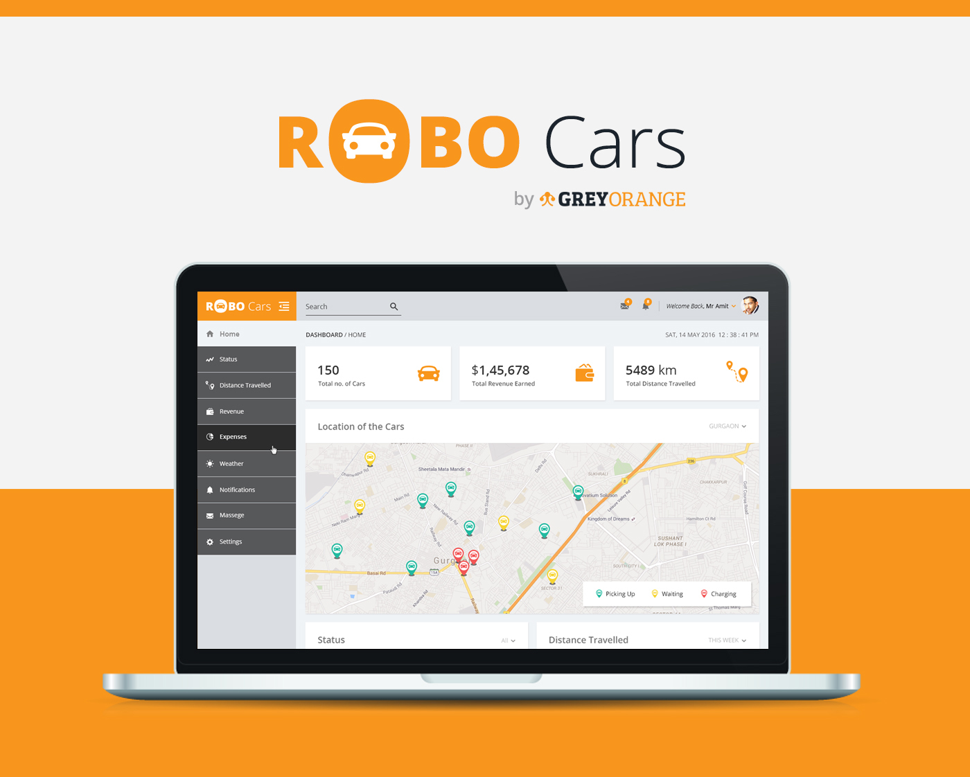 dashboard UI ux design robot Cars orange branding  map Graphs