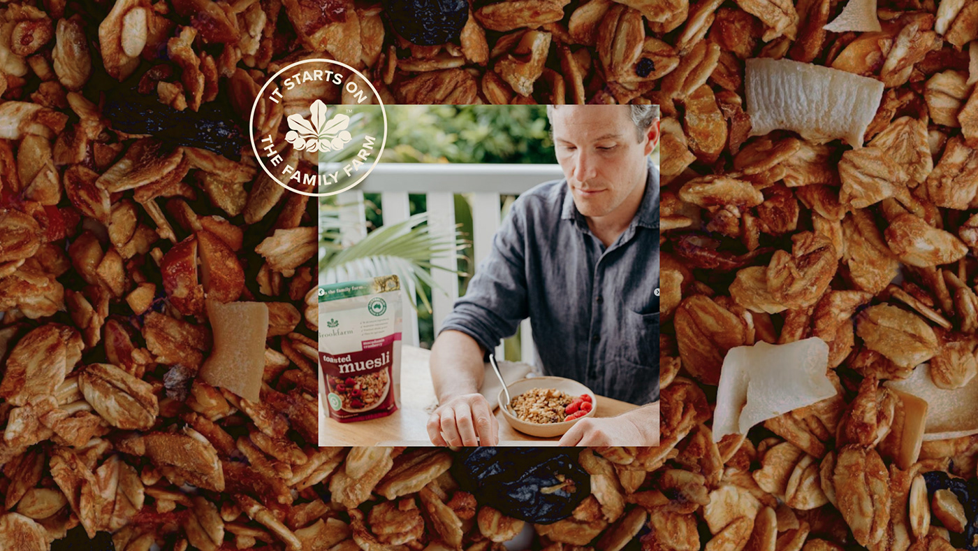 granola on the background with a photography of a man eating granola on to of it.