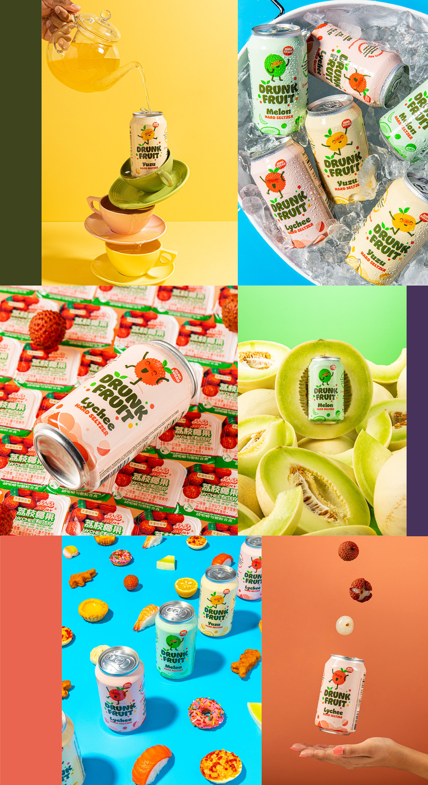 alcohol asian fruit brand identity can Character design  drink drunk Fruit hard seltzer Packaging