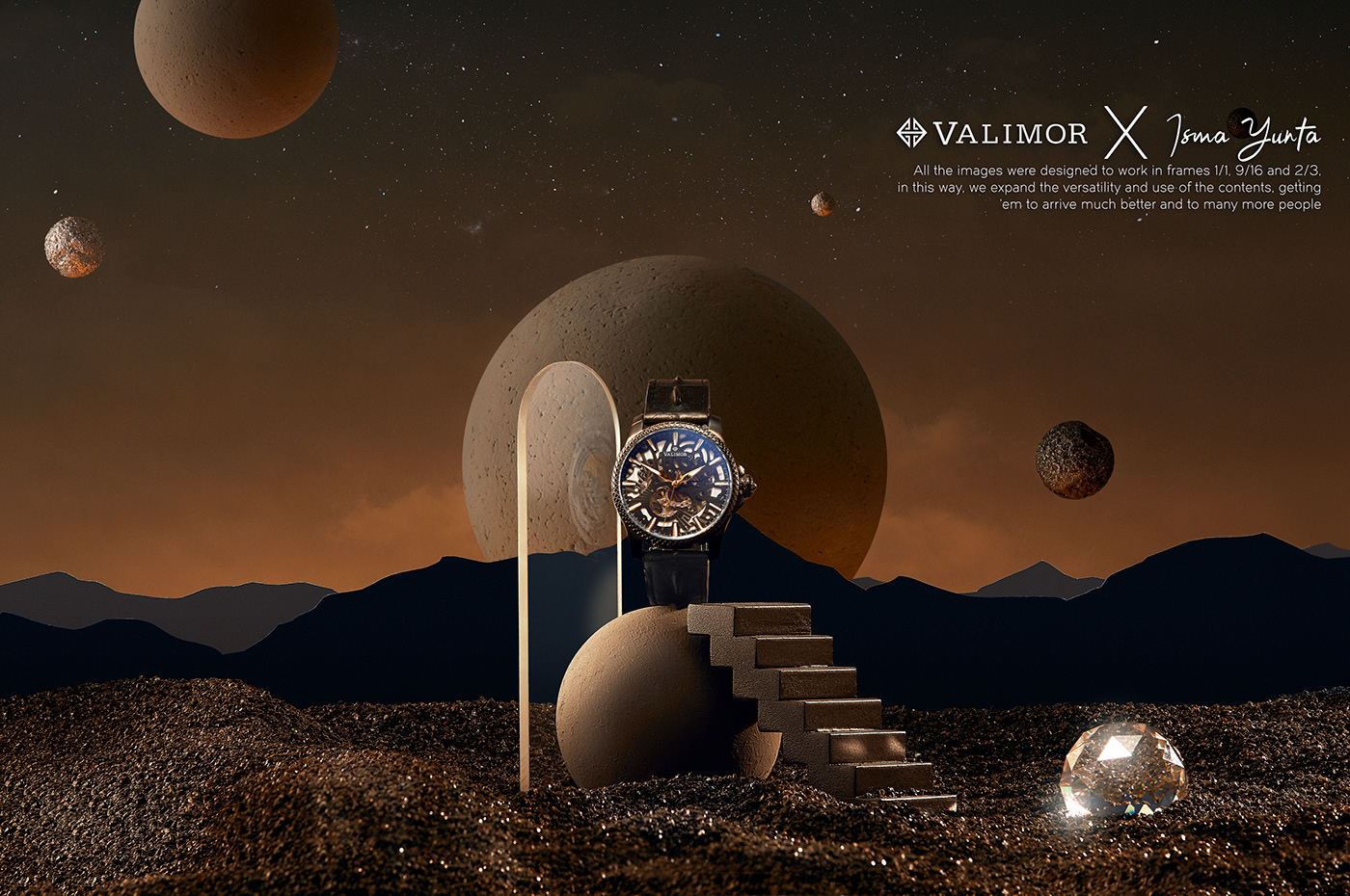 watch in sphere with stairs. world woth planets, sand, mountains and crystal door and elements