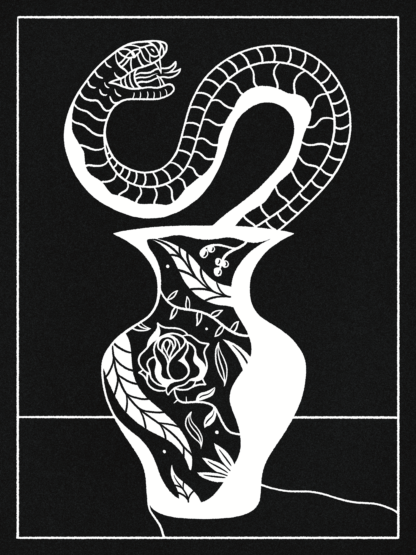black and white Line Work snake Vase