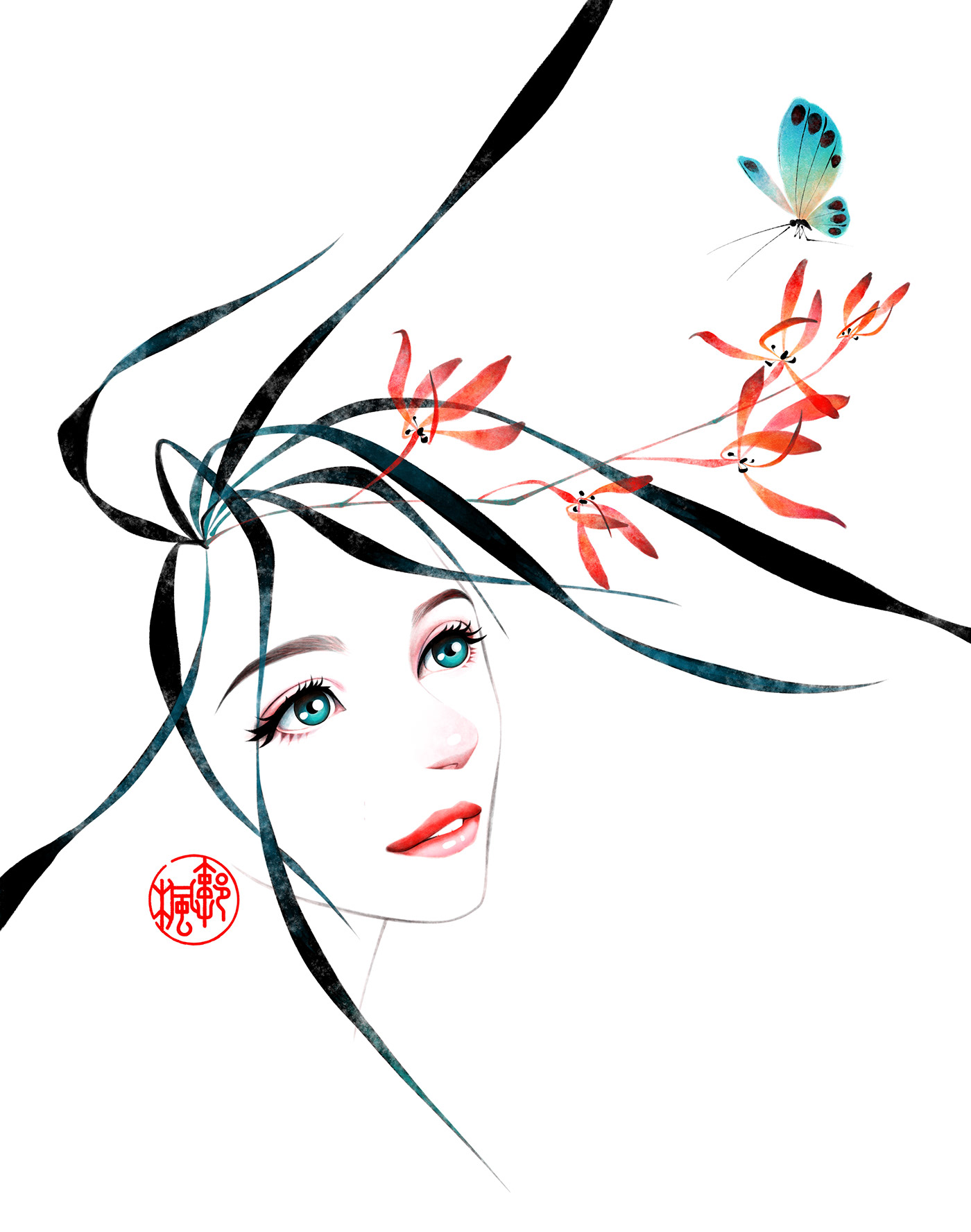 adobefresco black digitalart digitalinkpainting Eastern flower girl grass ink Inkpainting orchid oriental sumi watercolor White zen