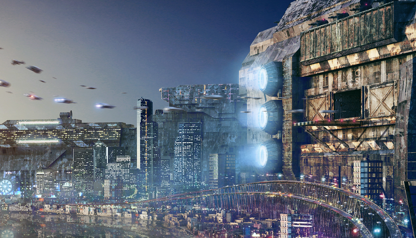 futuristic city futur Space  ships industrial night environment 3dsmax vray photoshop