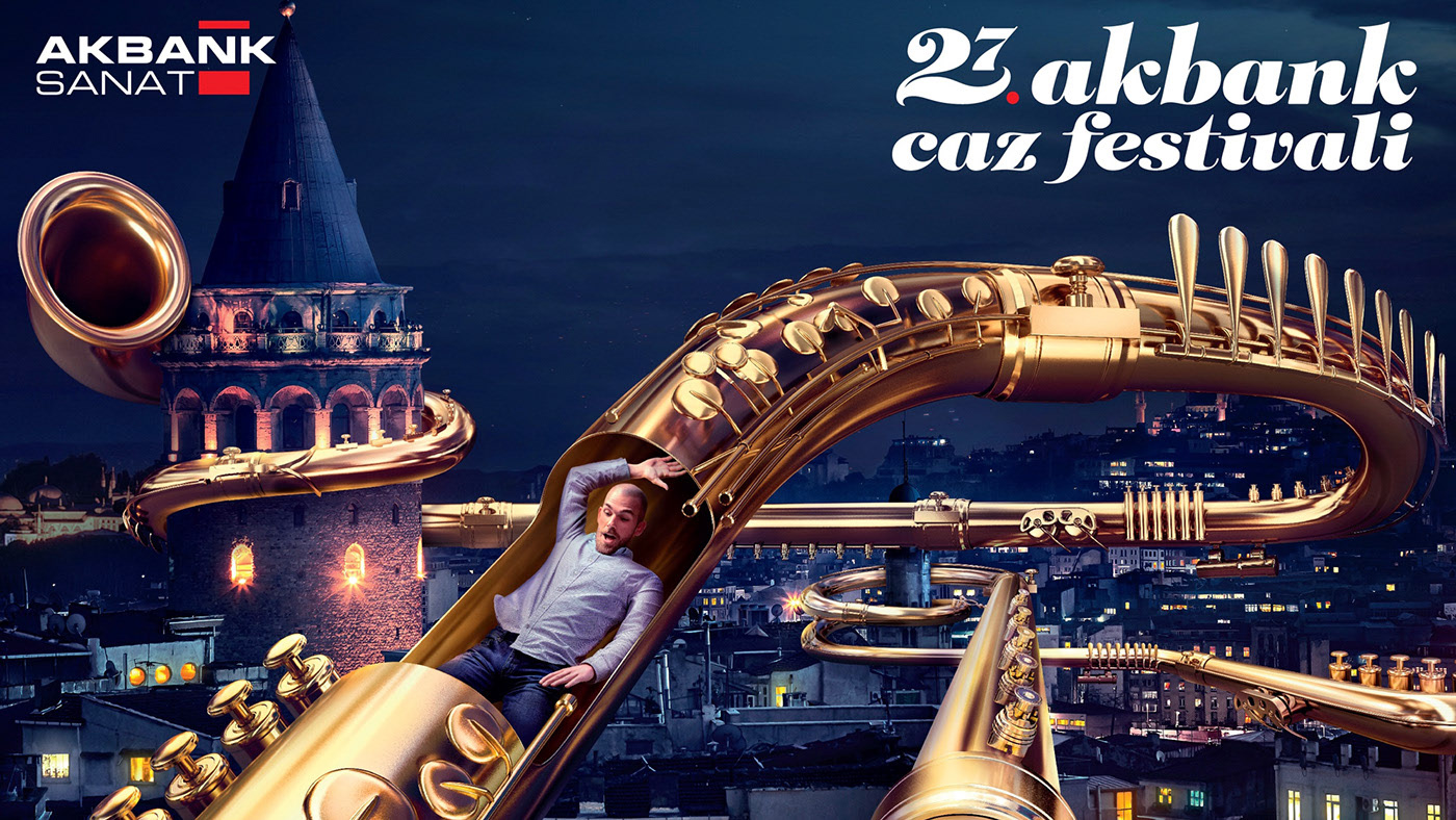 3D Akbank CGI city festival jazz Photography  Render saxophone
