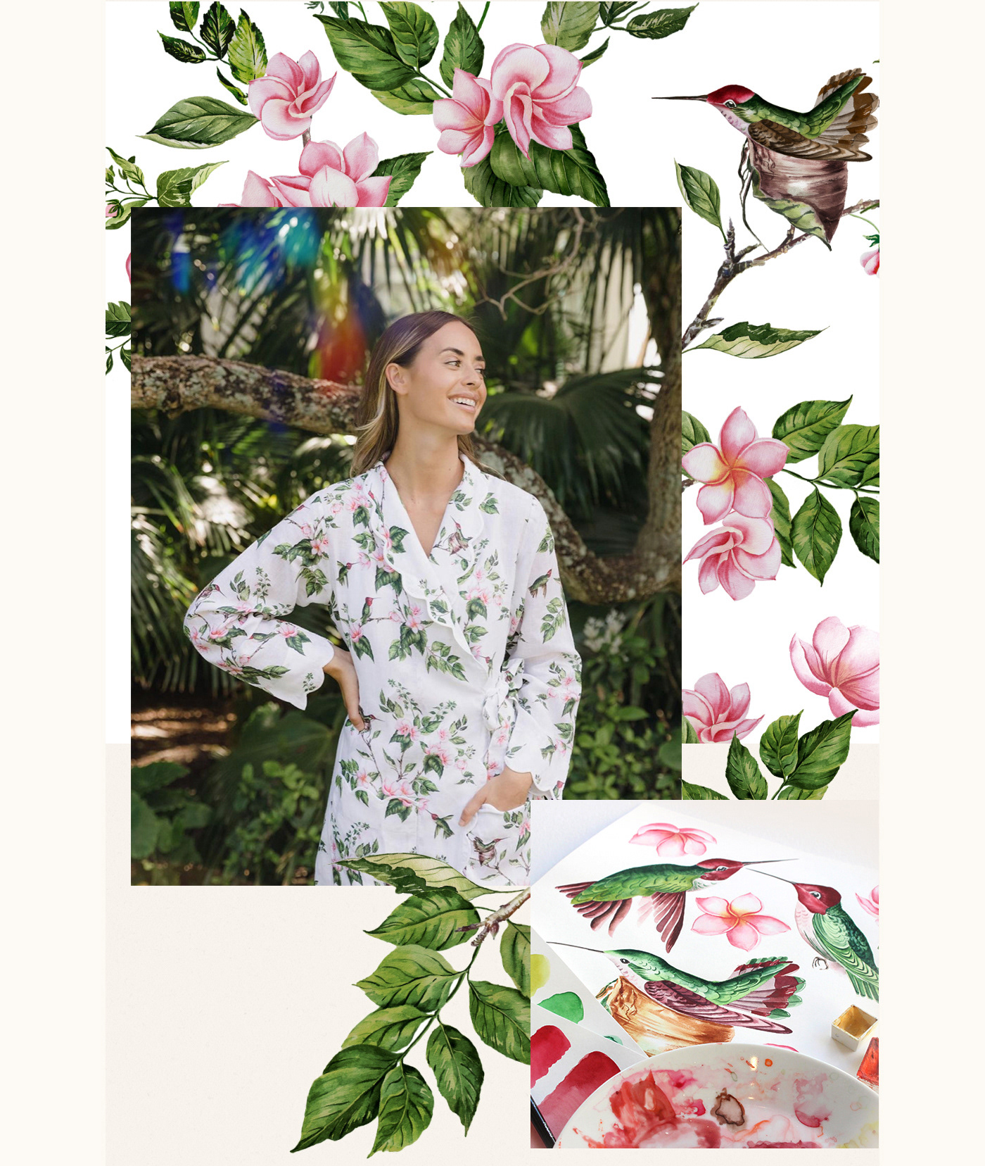 botanical illustration fabric design Fashion  hand drawn hummingbird pattern design  seamless pattern textile design  Tropical watercolor
