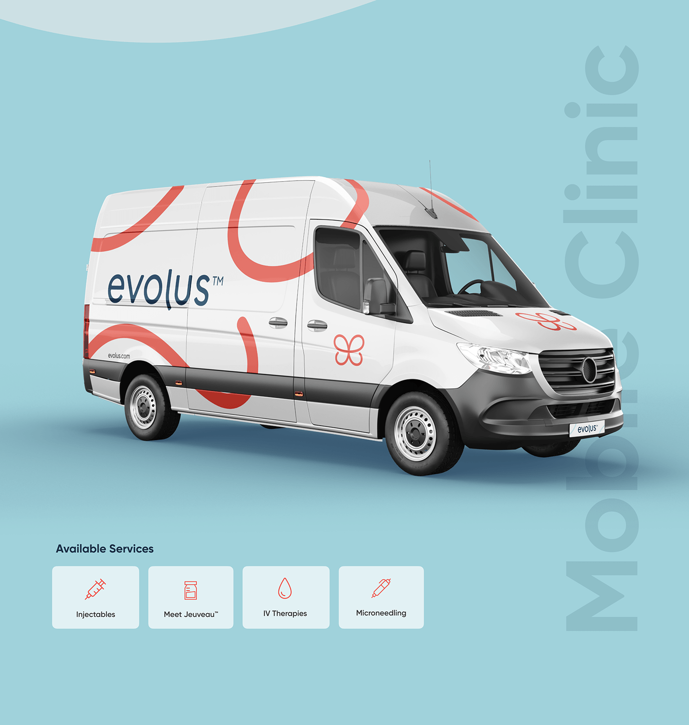 Branded delivery van displaying Evolus’s logo, primary color, and motif based on the symbol.