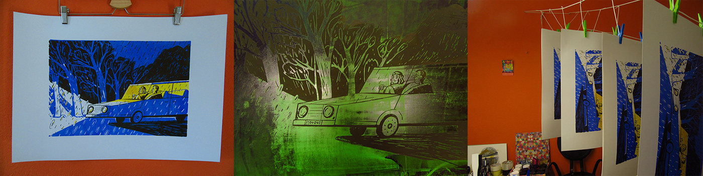 screen printing rain car night light mood forest