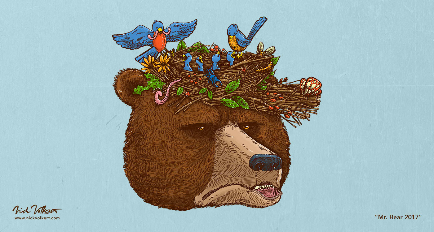 A bear is annoyed while wearing a hat that is also a bird's nest.