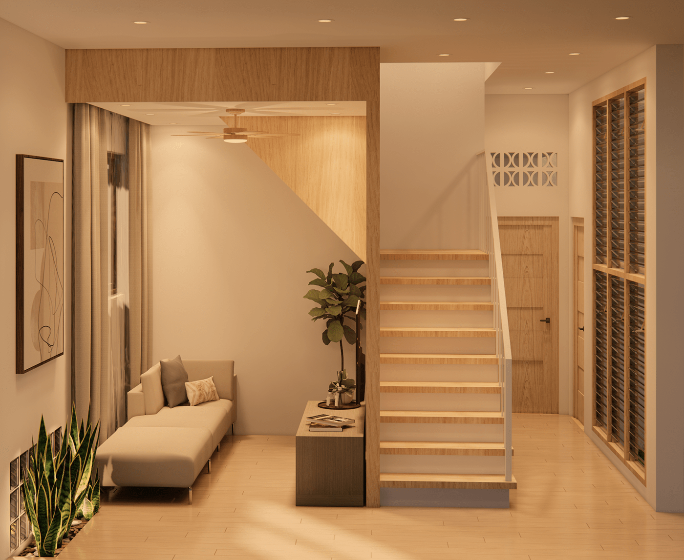 Japandi living area stairs 3D