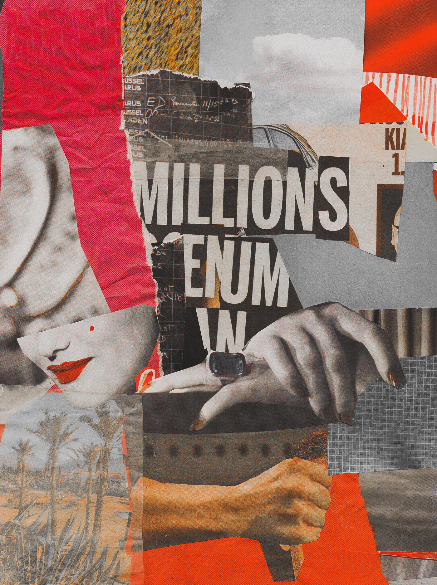 millions hands Silhouettes fragments woman man handmade collage digital assistance