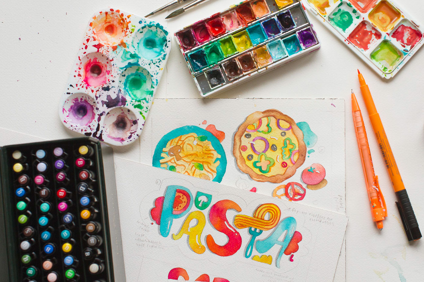 lettering watercolor gradients Quotes Picasso Pasta gouache Faber-Castell Pitt Pens Hand-lettered colorful