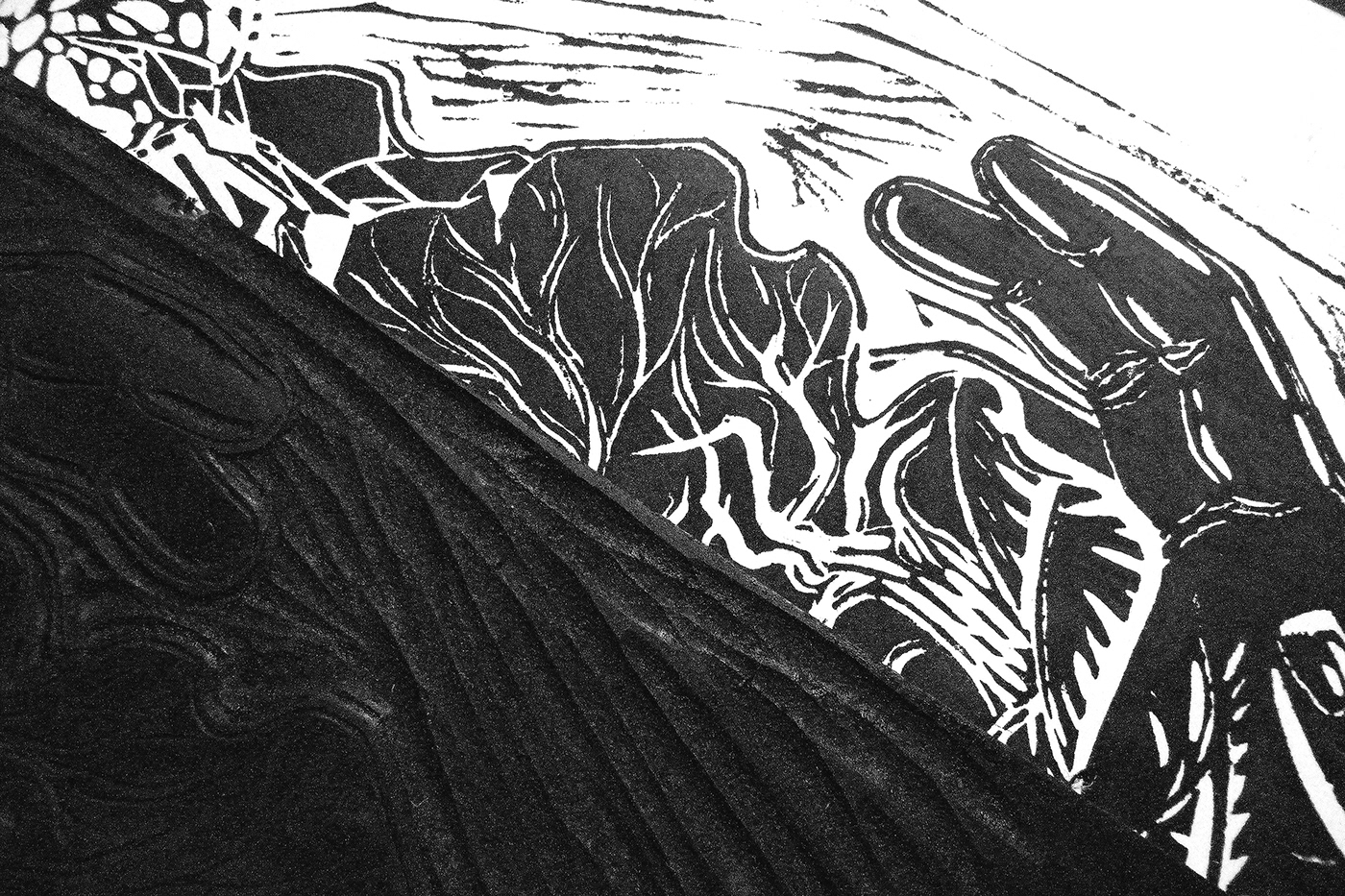 face hand ink Landscape linocut Nicolas Skorupka paper print printmaking