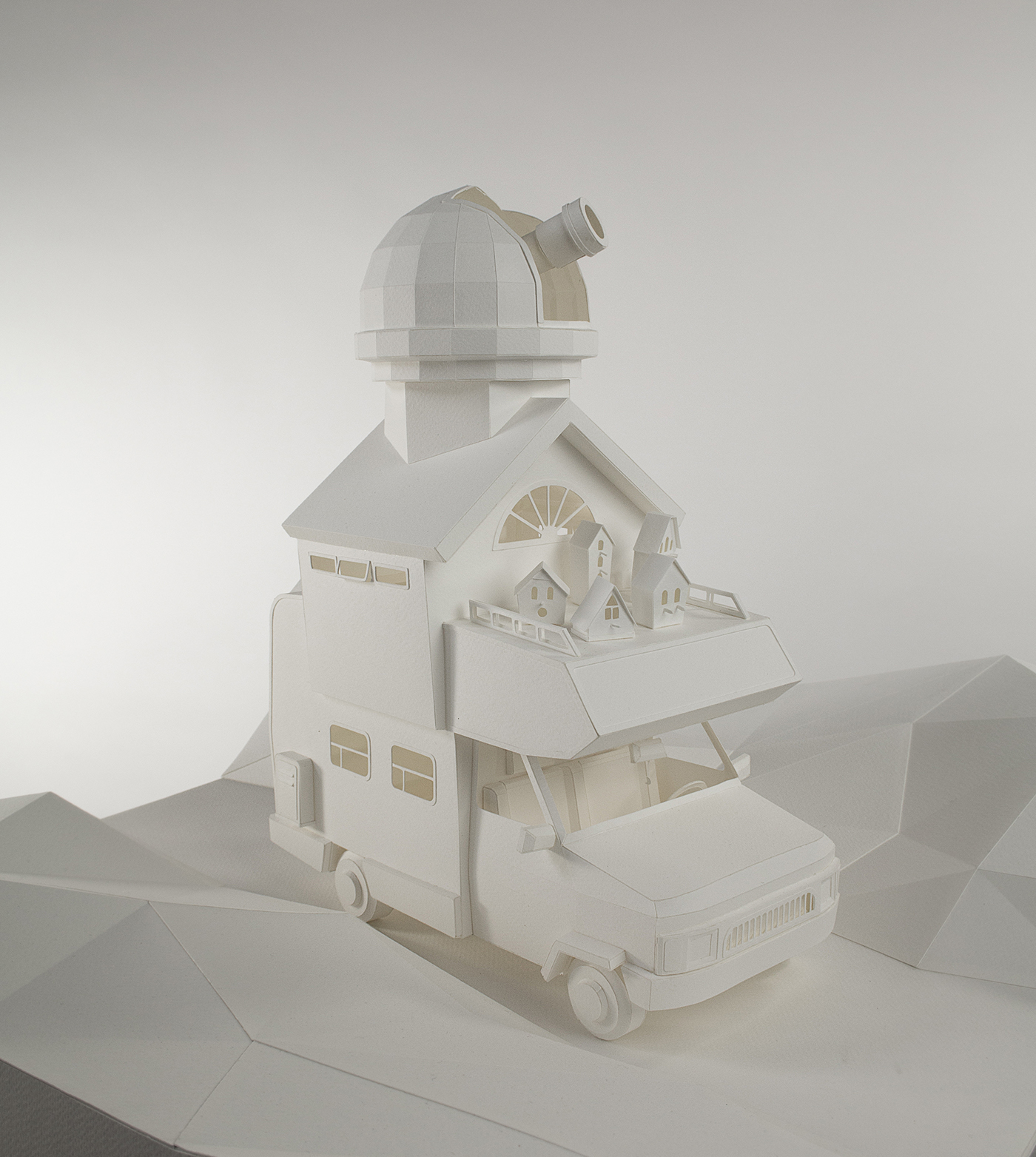 paper craft mobile home model camper house Miniature caravan ILLUSTRATION  sculpture