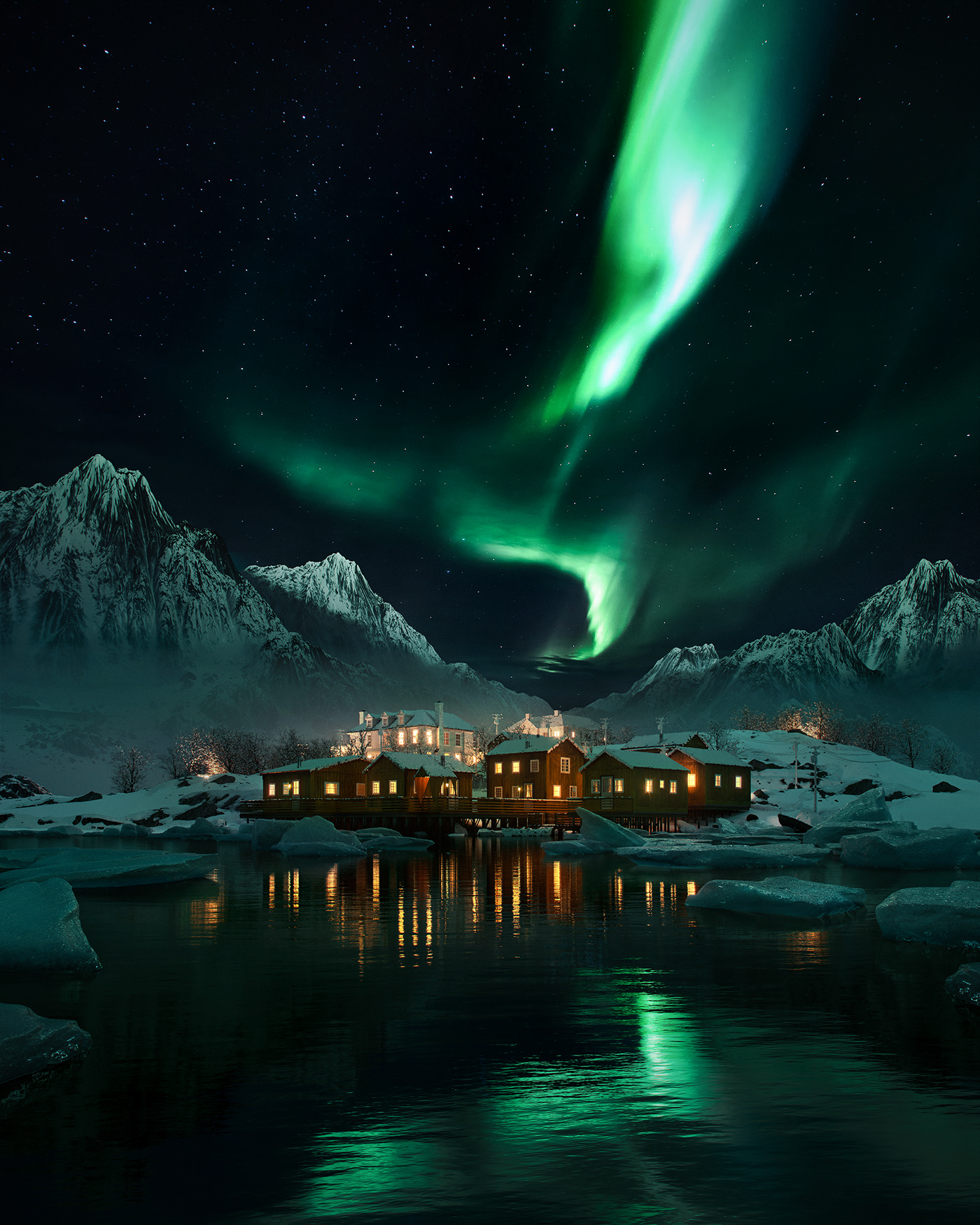 houses ice iceland land mountains Ocean