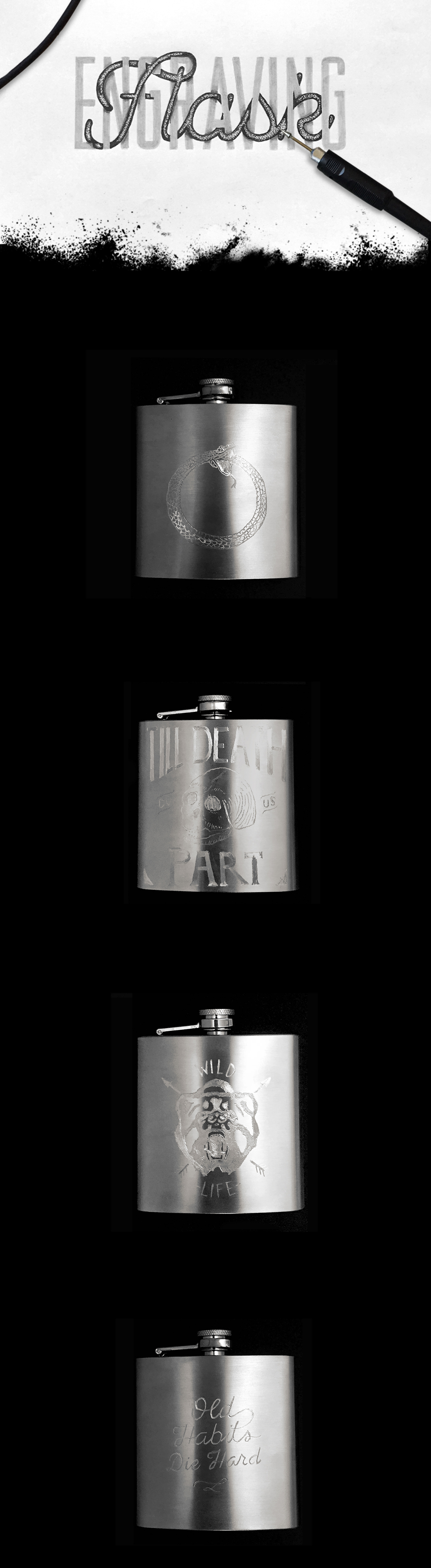flask lettering type engraving black skull drink alcohol