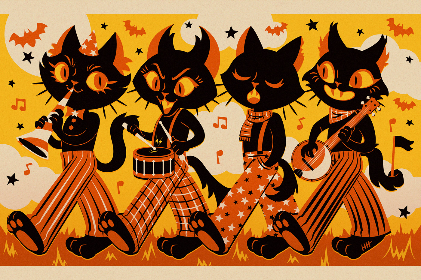 4 black cat characters marching and playing music