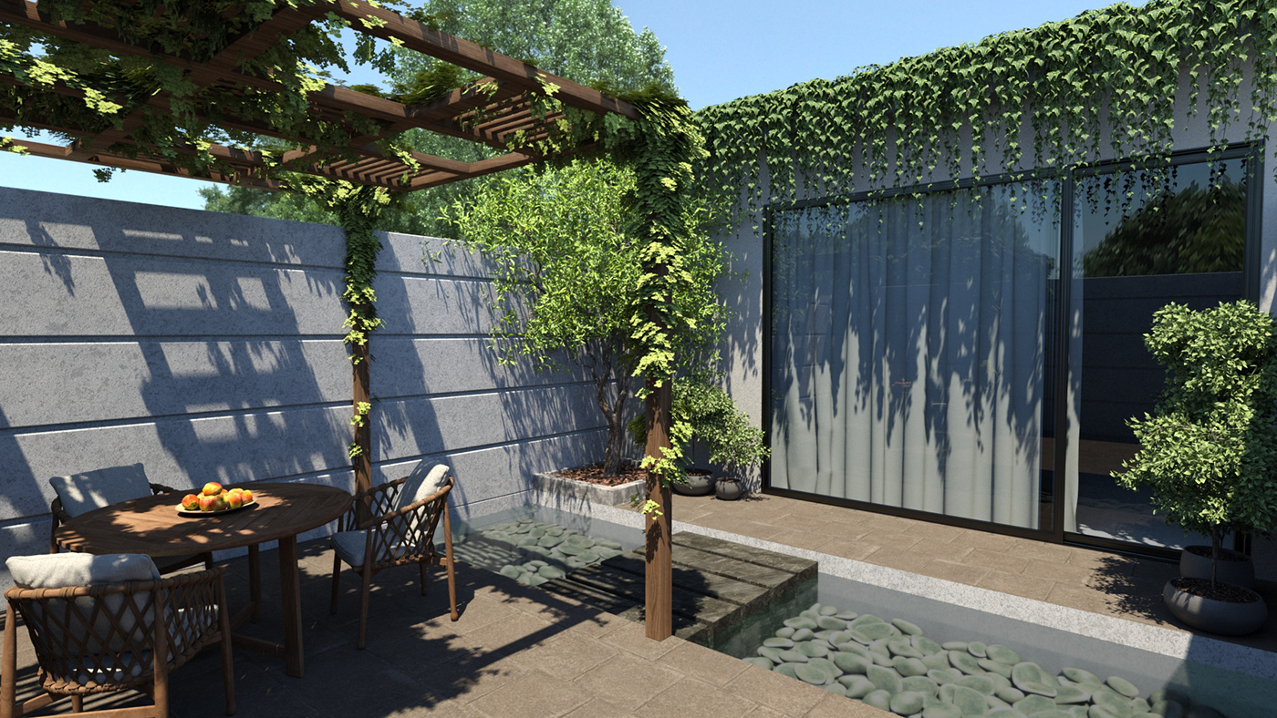 3D archviz courtyard exterior Fruit furniture lighting pergola vegetation Villa