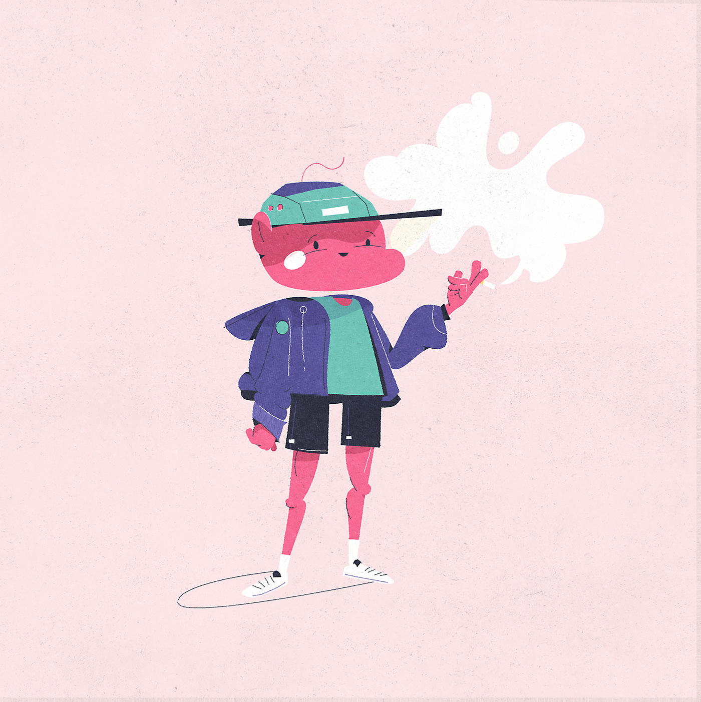 A small cute character with a purple sweatshirt smoking a cigarette.