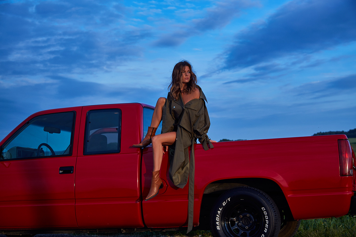 Fashion  female fields model pickup truck summer car editorial fashion photography woman