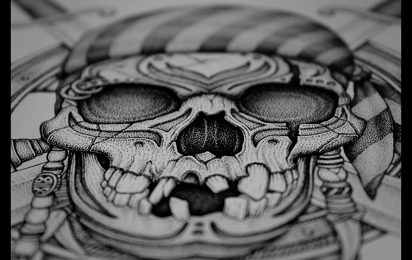 dotwork stippling Pointillsim dark skull humanskull pirate ink