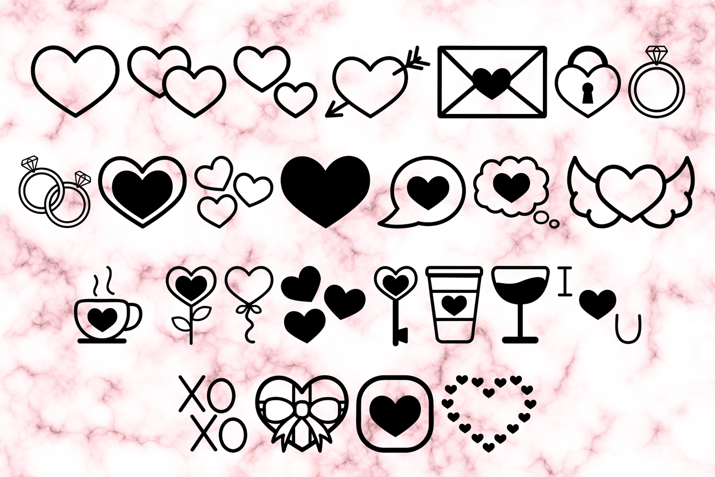Dingbats font with hearts, letter and cute references.