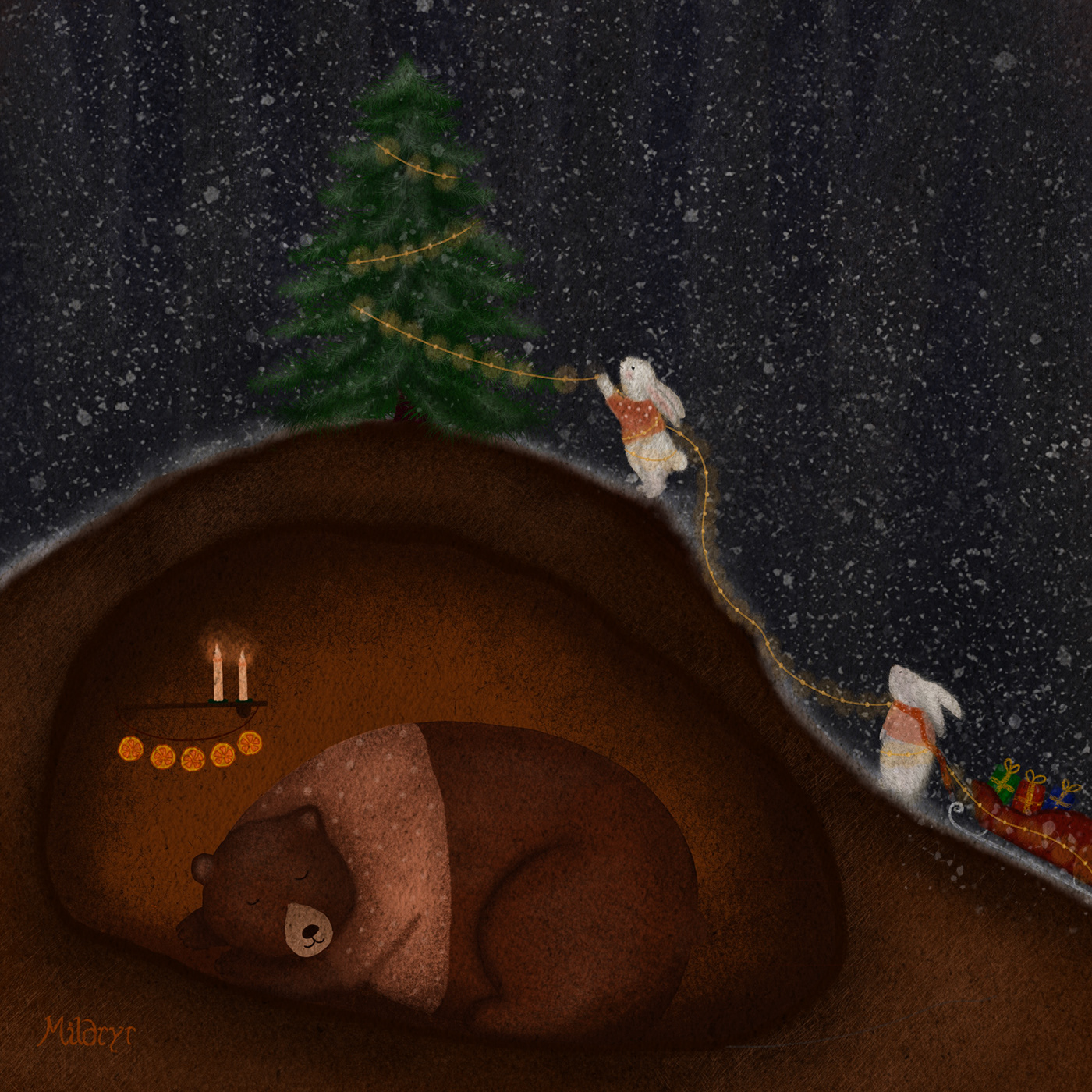 christmas Tree Christmas christmas illustration Digital Art  christmas card rabbit cute bunny digital illustration Procreate bear sleeping