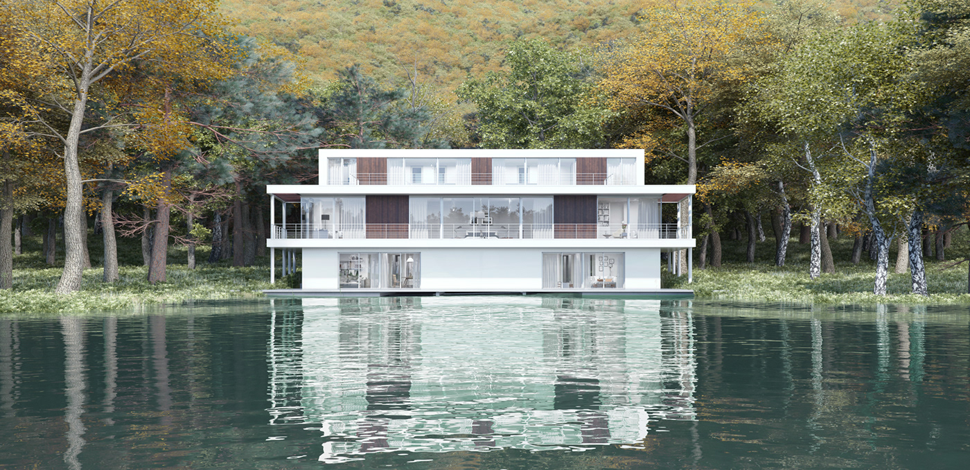 lake house Lake house snow Villa architecture visualisation