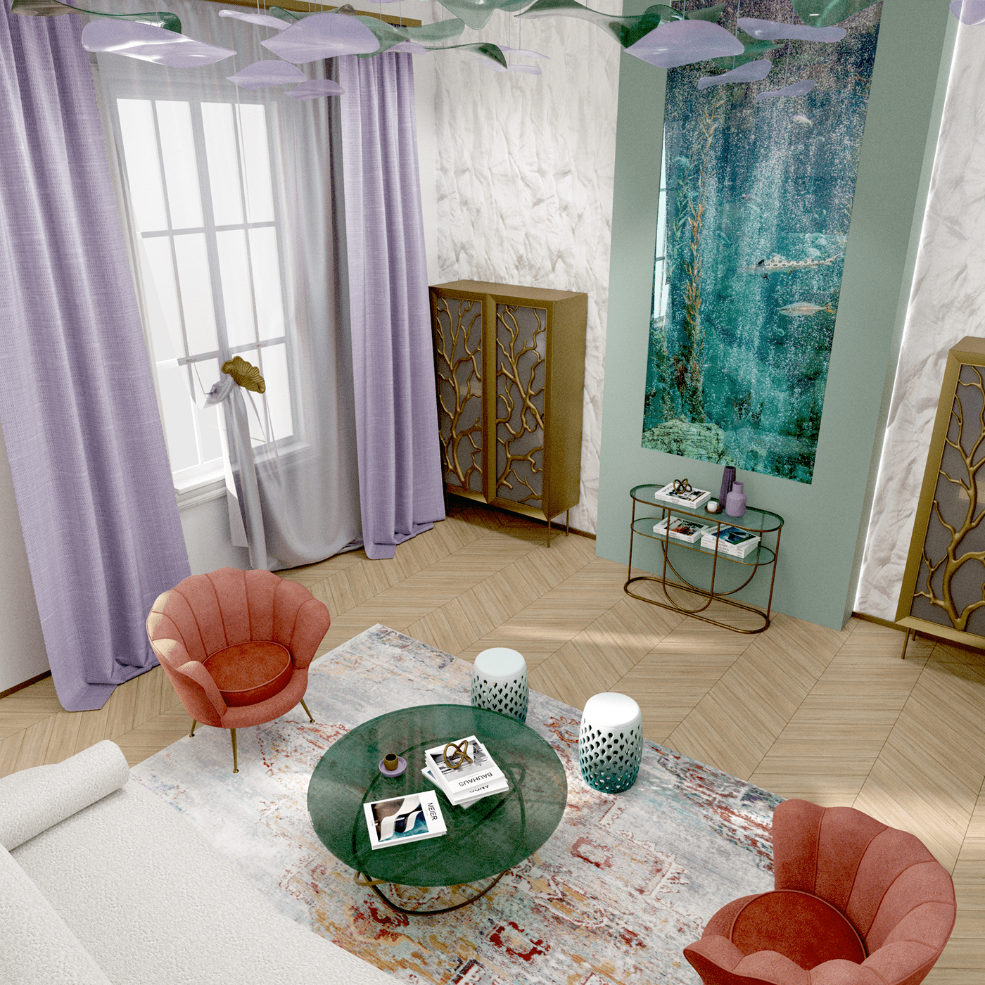 apartment visualization pastel colors colorful underwater living room kitchen art deco inspired surreal