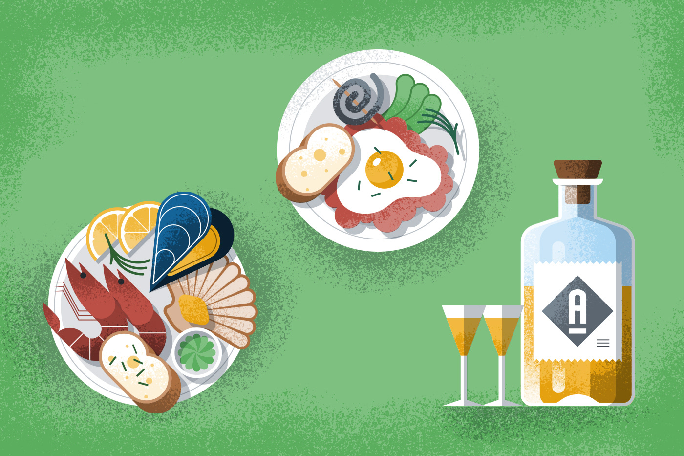 Illustrated icons of labskaus, seafood and aquavit by Adrian Bauer