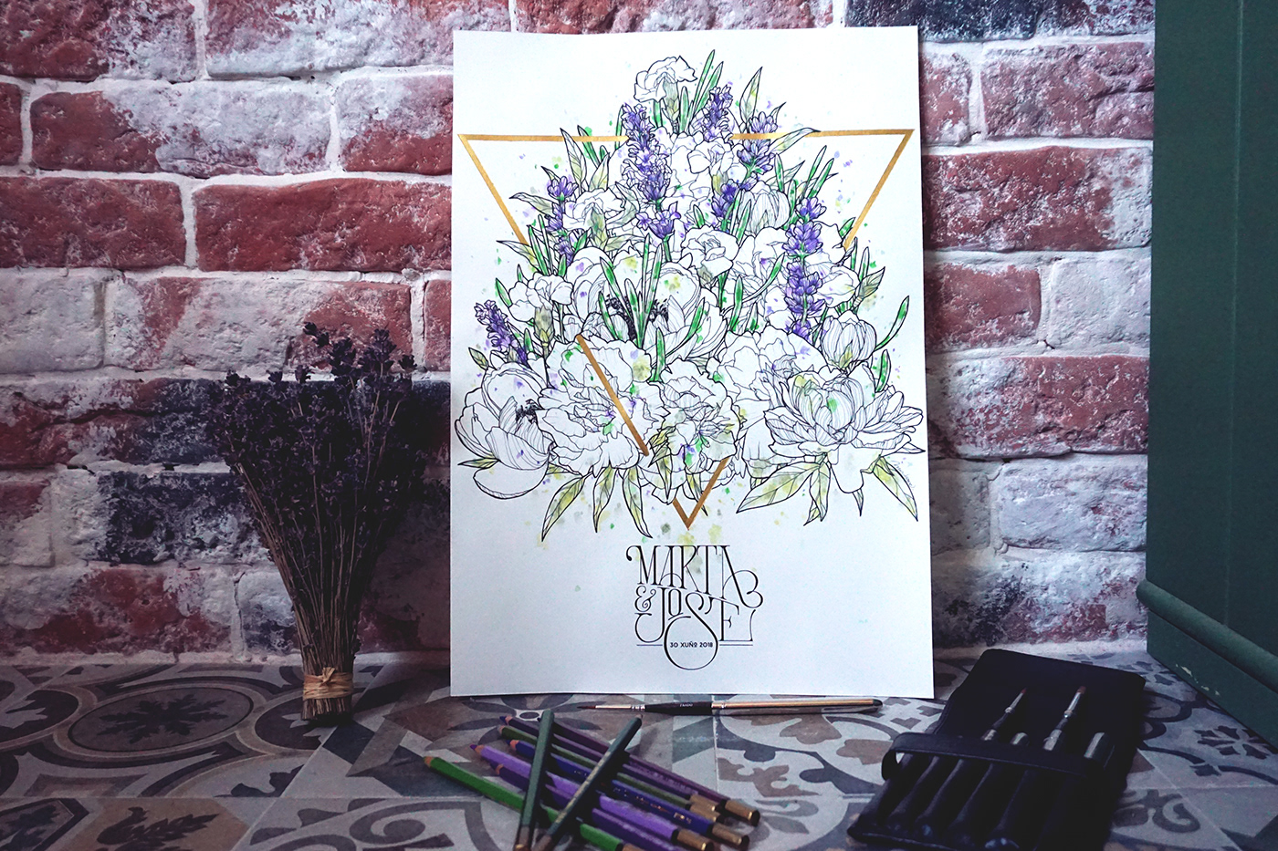 MixMedia artwork lineart dotwork lettering Bouquet ILLUSTRATION  Flowers design geometry