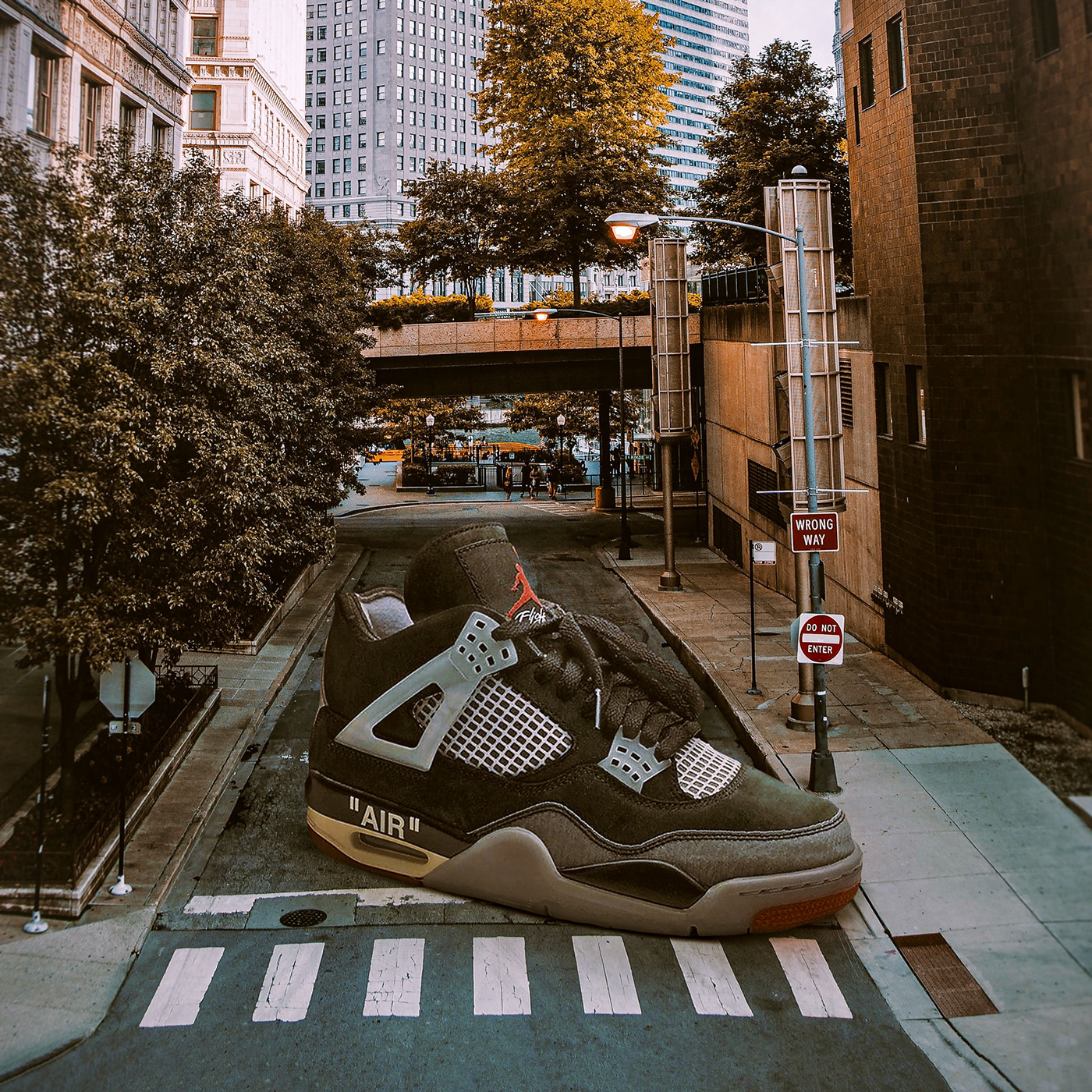 giant sneaker photo composite. retouching and image manipulation done with photoshop