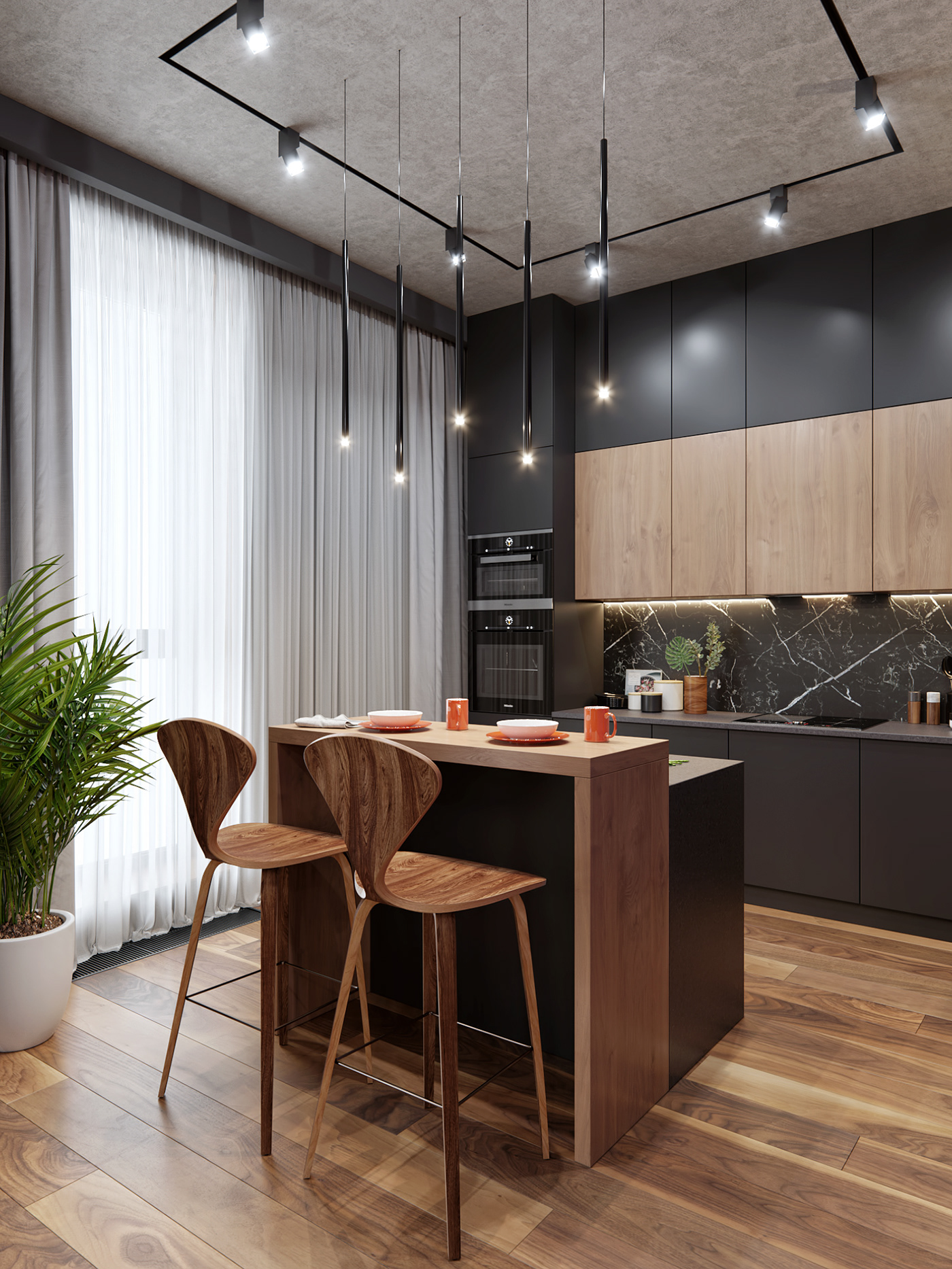 architecture Interior design Minimalism interior design  black wood apartment corona render 