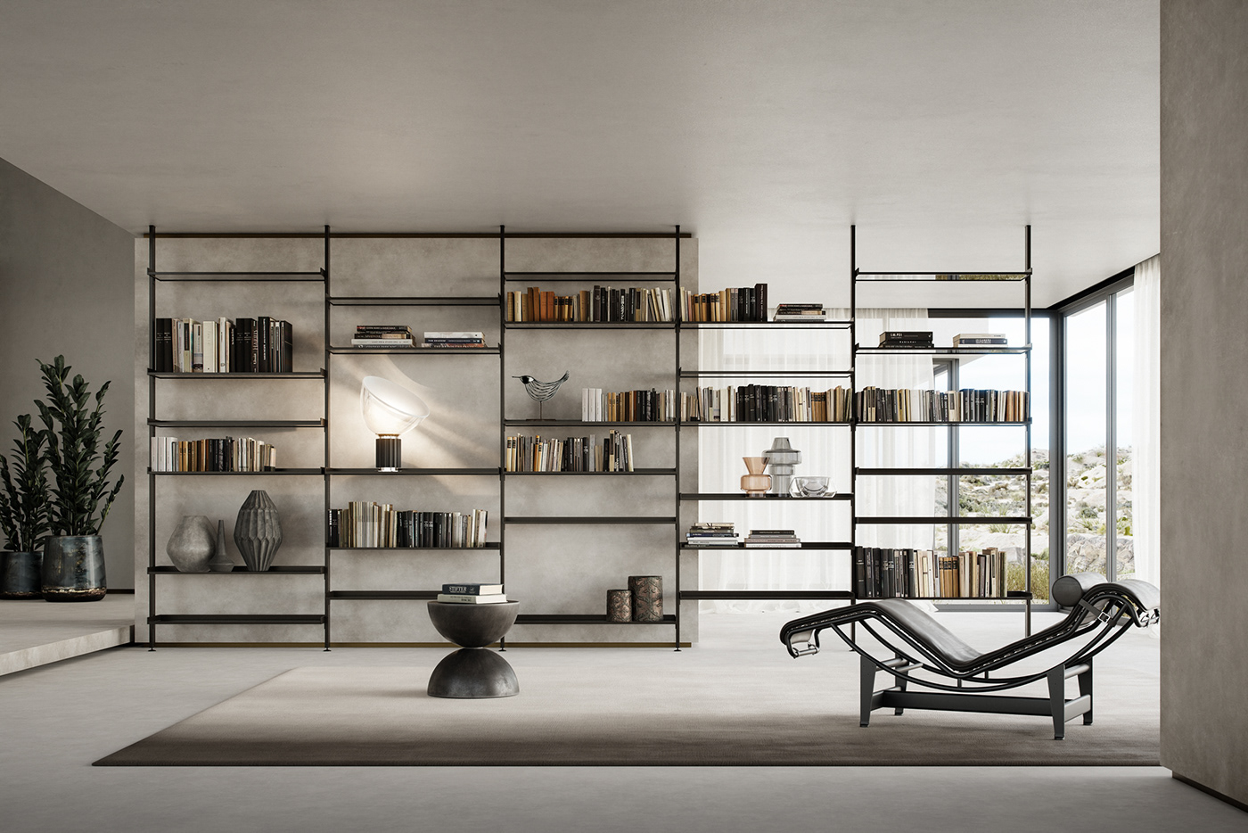 glass design aluminium minimal modern architecture visualization bookcase made in italy rendering