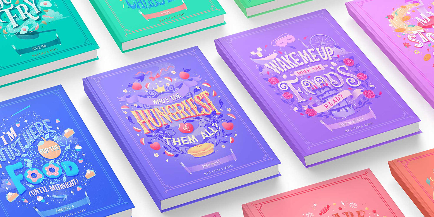 A collection of rainbow colored book covers with hand lettering and illustration based on fairy tale