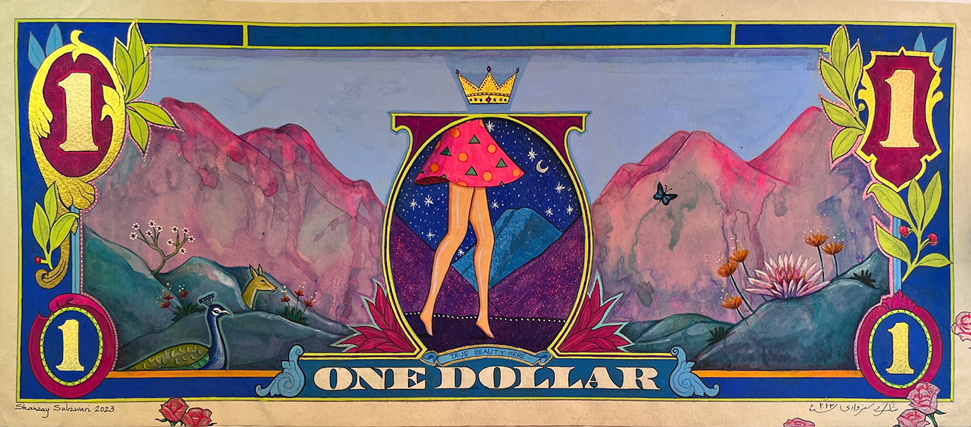 barbie gouache dollar beautystandards bright colors neon Currency Art Mughal Miniature PopCulture womenart